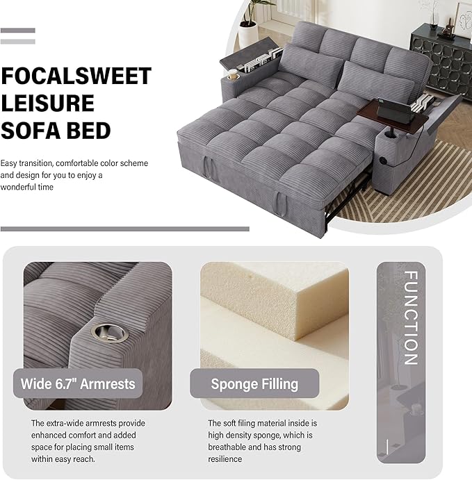 65'' Sleeper Sofa with Pull Out Bed 3 in 1 Convertible Sofa with Cup Holder and Storage Armrests Corduroy Loveseat with Swivel Table Adjustable Backrest &amp Charging Ports for Living Room Purple