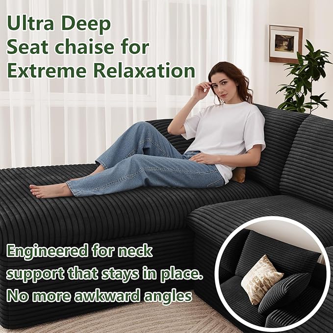 107 Cloud Couch Modular Sectional Sofa for Living Room U-Shape Boneless Couch with Deep Seat Modern Corduroy 3-Seater with Ottoman No Assembly Required (Jet BlackLeft-Facing Chaise)