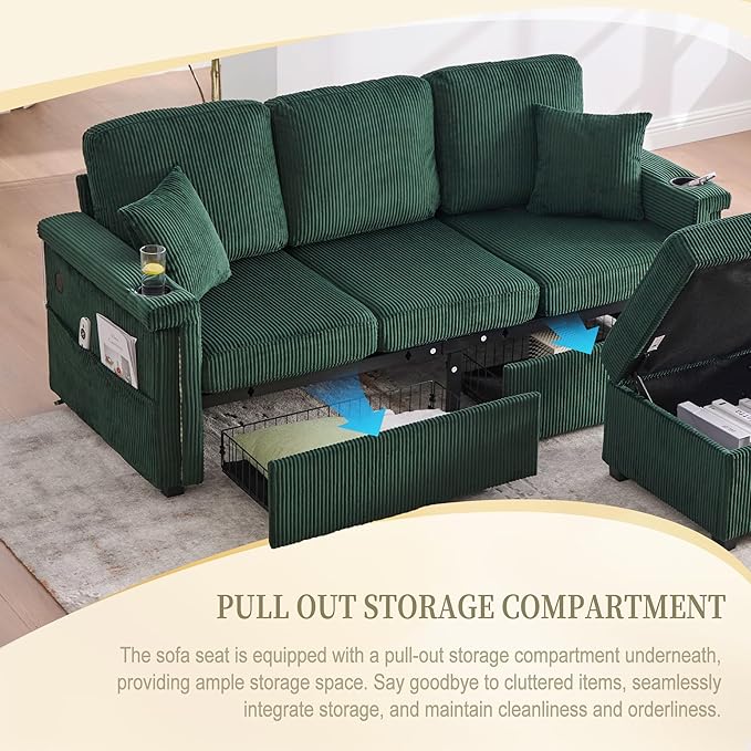 76.8 L-Shaped Sleeper Sofa with Storage Ottoman USB Ports Cup Holders&ampLED Lights Side Pockets Comfy Corduroy Modern 3-Seater Small Couch Bed for Living Room with 2 Throw Pillows (Emerald Gree