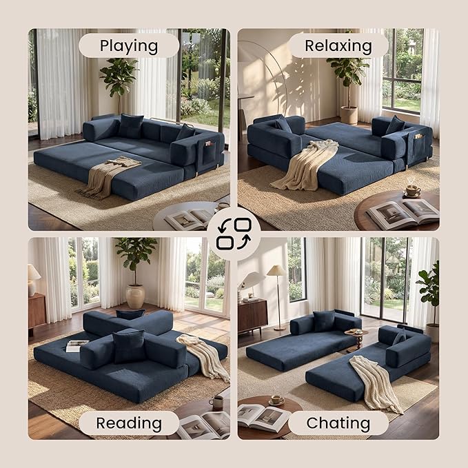 Belhome 78.8 Convertible Sofa Bed Futon Sofa Bed with Side Pocket Corduroy Pull Out Futon Sofa Boneless Couch for Living RoomsNo Assembly Required Navy