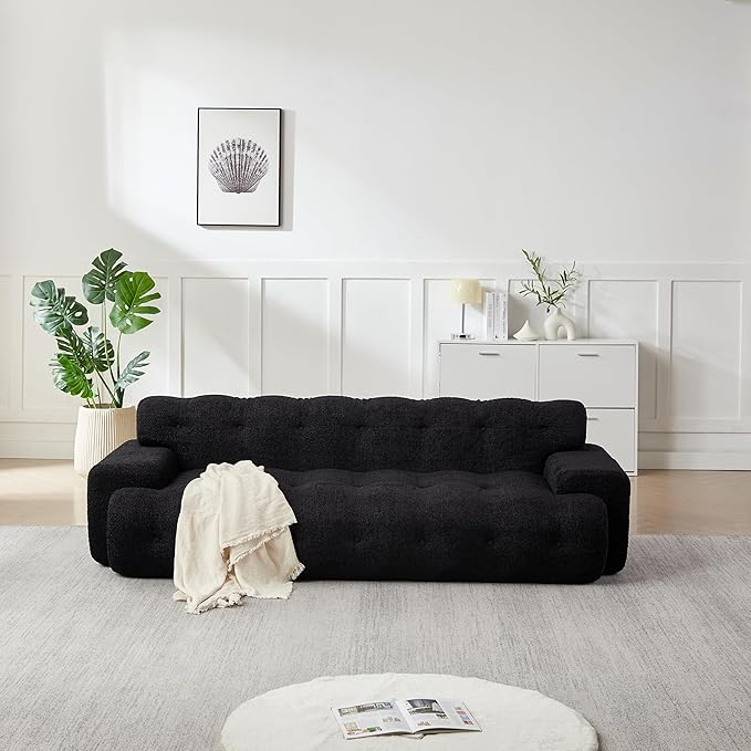 KEIKI 87.4 Cloud Couch Oversized 3 Seat Sofa with Button-Tufted Square Arm Deep Seat Chenille Seat for Living Room Guest Bedroom No Assembly Required Black