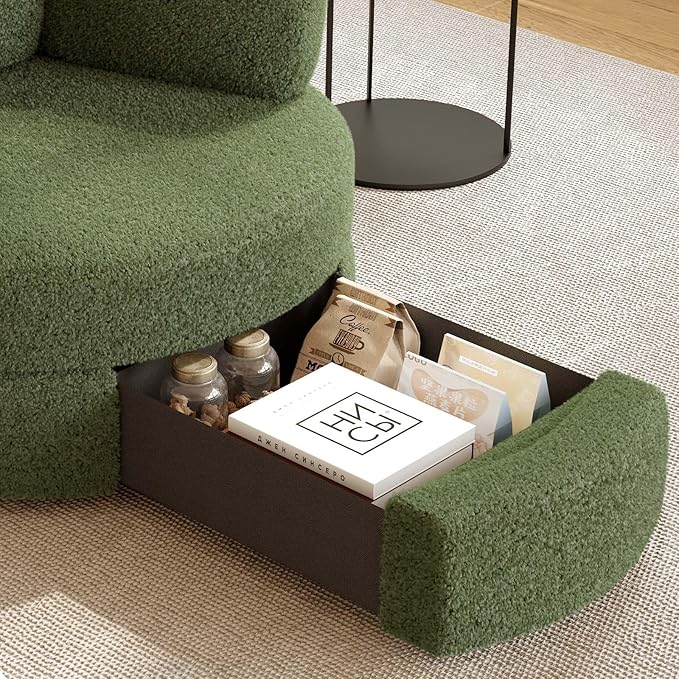 MEISSALIVVE Swivel Accent Chair with Half Moon Ottoman Round Chairs with Drawer Storage for Living Room 360° Barrel Chair with USB Charging Port (Teddy Fabric Green)