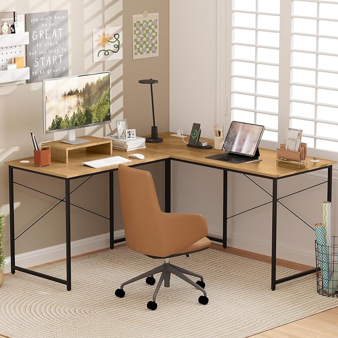 Giantex L Shaped Computer Desk 59 Inch Reversible Corner Desk with Power Outlet and USB Ports &amp Monitor Stand Wooden Writing Desk Gaming Table for Home Office Room Small Space (Natural)