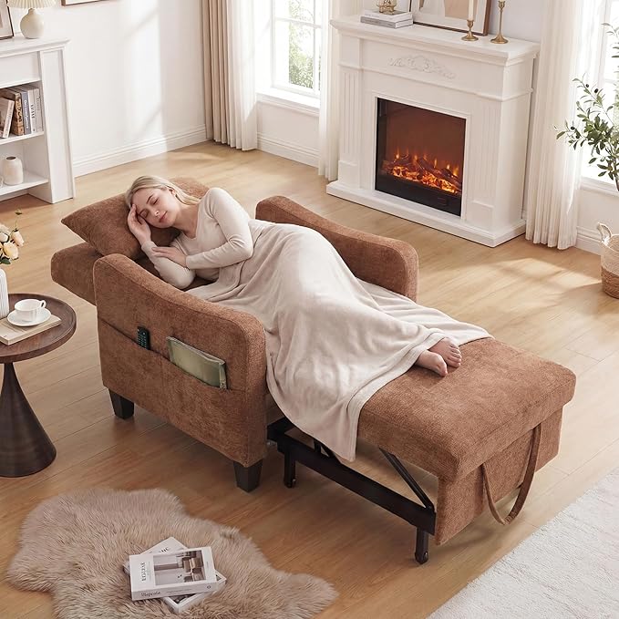3 in 1 Convertible Sofa Bed Chair Pull Out Single Sleeper Chair Bed with Adjustable Backrest Modern Lounge Sofa for Small Space Orange