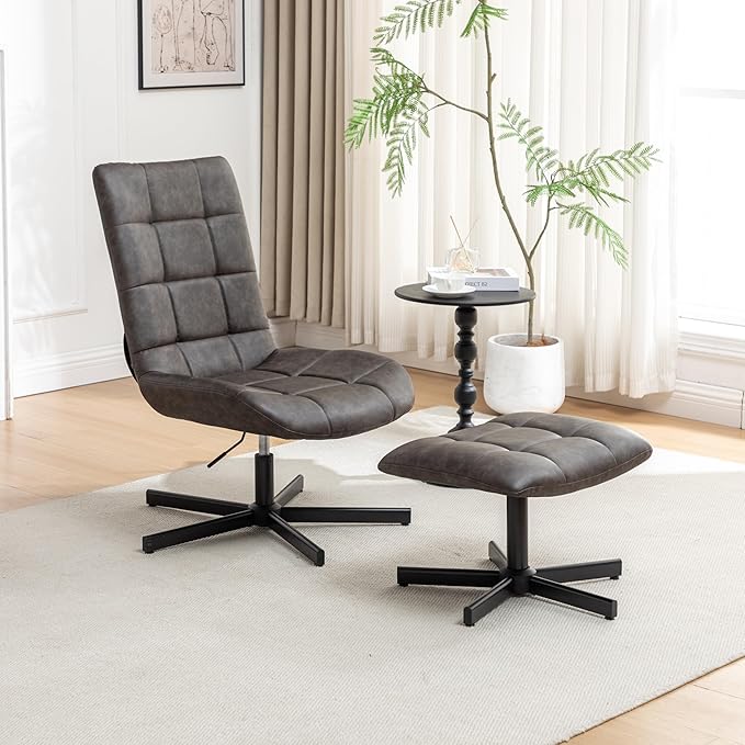 Roundhill Furniture Arlena 2-Piece Seating Set Faux Leather Tufted Accent Chair and Ottoman Brown