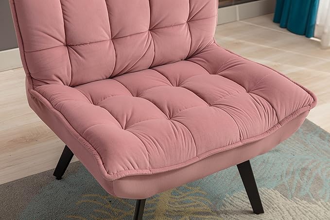 Modern Soft Velvet Fabric Material Large Width Accent Chair Leisure Chair Armchair TV Chair Bedroom Chair with Ottoman Black Legs for Indoor Home and Living RoomPink