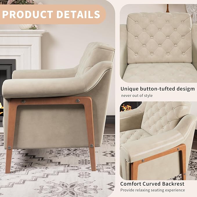 EJUNQ Cozy Accent ChairPU Leather Modern Living Room ChairsMid-Century Office Reading ChairSingle SofaArmchair for Bedroom Apartment Waiting Room(Ivory)