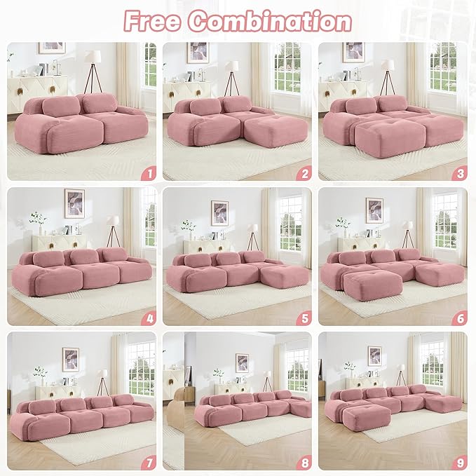 116.1 Modular Sectional Sofa Boneless Cloud Couch 3-Seater Deep Seat Cloud Couch Luxury Corduroy Fabric Sofa for Living Rooms Bedrooms Apartment (Pink 116.1inch)