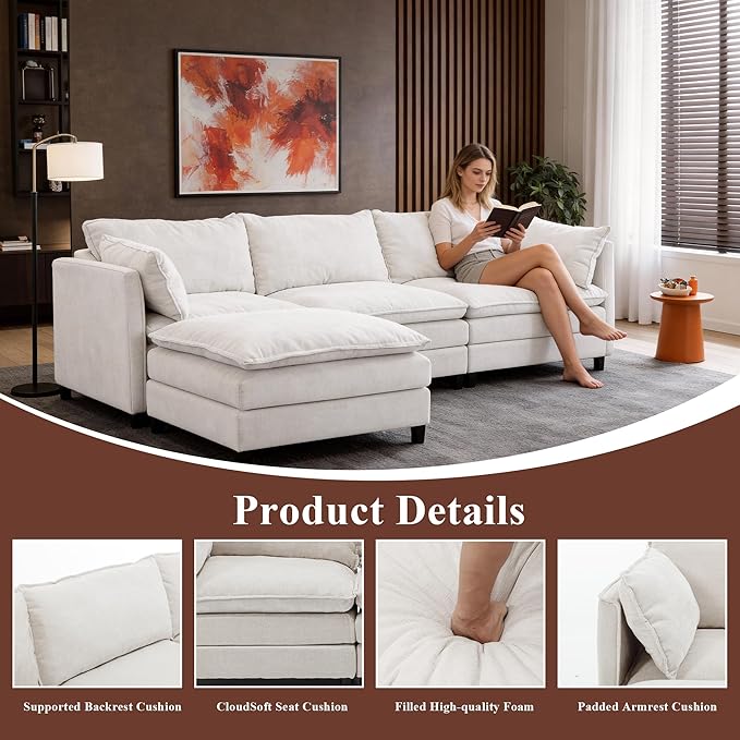108 U Shaped Couch Comfy Cloud Modular Sectional Sofa with Movable Ottoman Deep Seat Chenille Modern Cloud Sofa Sectional Couches for Living Room Apartment (Beige 4 Seater with 1 Ottoman)