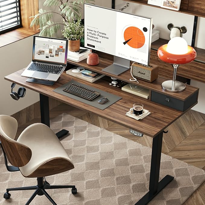 Agilestic 48 x 24 Inches Electric Standing Desk with 2 Storage Drawers Adjustable Height Sit and Stand Computer Table with Splice Board Dark Walnut