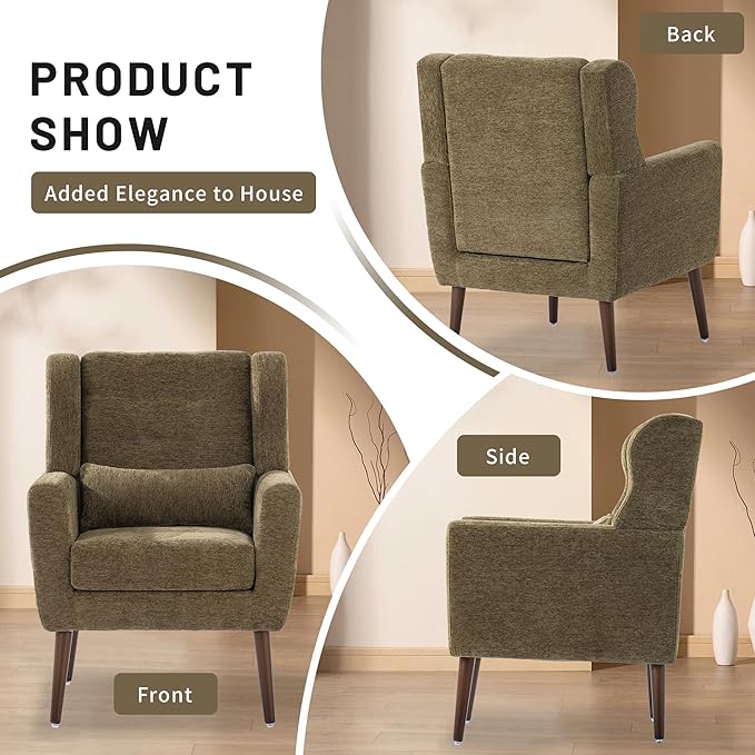 Mid Century Modern Accent Chair Plush Chenille Fabric Sturdy Wood Legs Armchair for Living Room Bedroom Office Olive Green