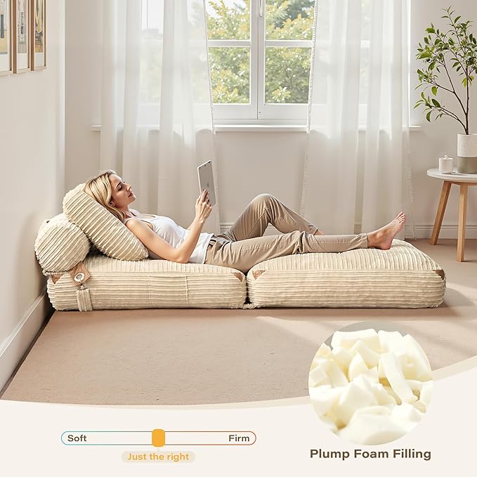75''Foldable Sofa BedBeige Convertible Folding Sleeper Chair BedFoldable Single Sofa Foam Filling Couch with Pillow Comfy Corduroy Lazy Floor Sofa for Small Room Living Room Bedroom Apartment