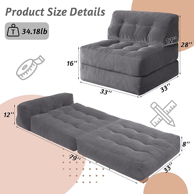 HABUTWAY Folding Sofa Bed Convertible Sleeper Chair Bed with Pillow &amp Handle Foldable Mattress with Back Support Portable Single Couch Comfy Floor Sofa Lounge for Living Room Bedroom(Dark Gray