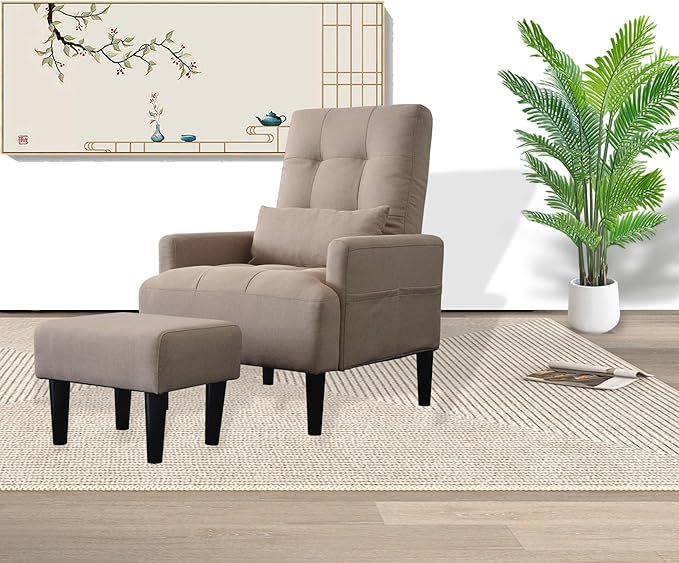 Redde Boo Brown Living Room Sofa Single Chair and Ottoman Modern Multi-Function Fabric Living Room Sofa Lounge Chair Bed and Stool. Soft Leisure Single Chair Adjustable into 5 Angles with Sofa Bed