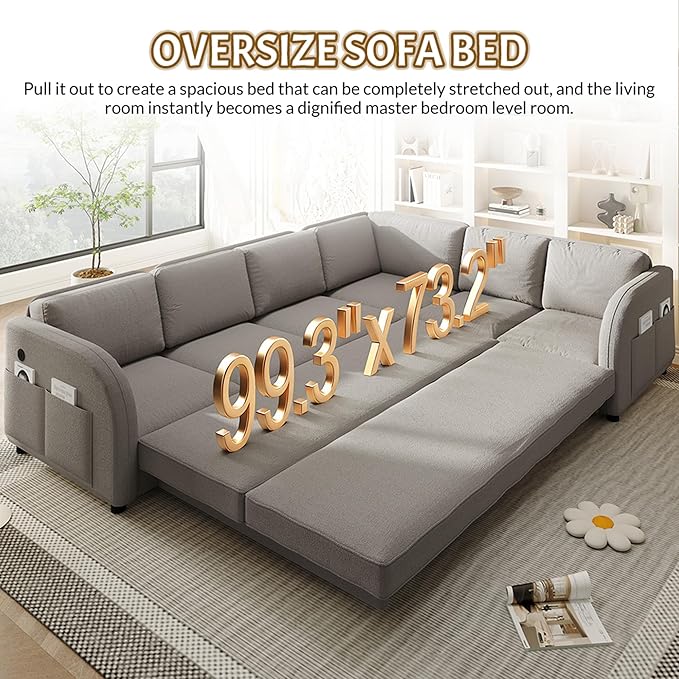 GNIXUU 115.2 L Shaped Couch with Pull Out Bed Convertible Sectional Sleeper Sofa with USB Port &amp Side Pockets 6 Seat Oversized Modular Teddy Cloud Couches for Living Room Apartment Light Gray