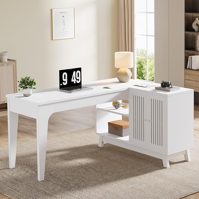 Tribesigns L-Shaped Desk with Storage Cabinet 57-Inch Wood Corner Workstation Home Office Computer Desk Study Writing Table (White)