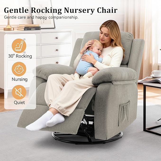 Recliner Chair 360 Swivel Rocker Chair for Adults Small Rocking Recliner for Small Spaces Upholstered Fabric Glider Recliner Nursery (Swivel Rocker Recliner Light Khaki)