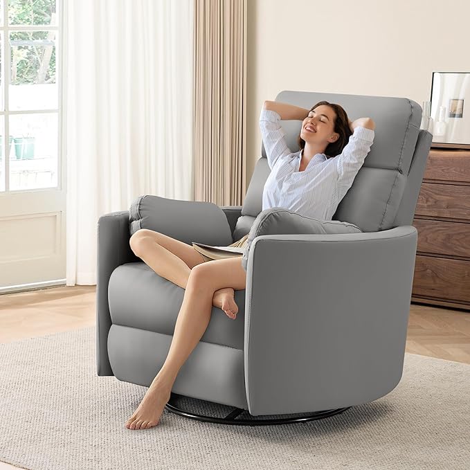 GRAINELL Oversize Power Swivel Recliner 40in Wide Electric Glider Rocking Chair with Headrest Adjustment USB Port 270° Swivel Rock 30°– for Living Room Nursery Leather Grey (57' to 61' Height)