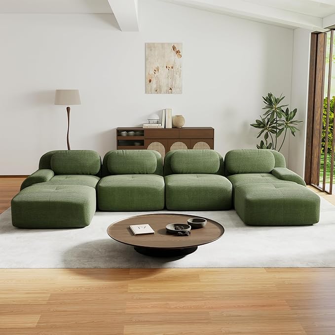 152.7” U Shaped Boneless Couch with Ottoman Corduroy Modular Sectional Sofa Comfy 6 Seater Cloud Sofa Sectional Deep Seat Modern Upholstered Couches for Living Room No Assembly Required