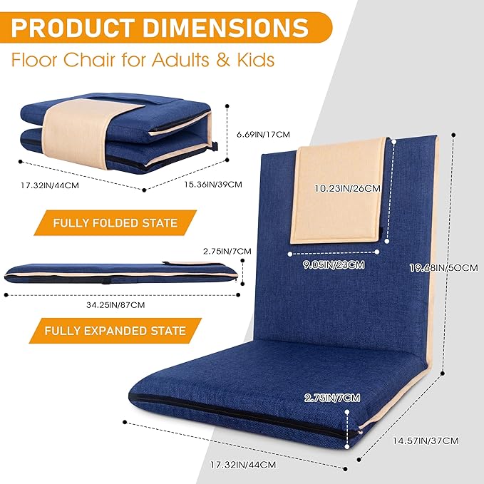 14-Position Adjustable Floor Chair with Back Support - Portable Gound Seating for Adults &amp Kids Foldable Meditation Chair with Japanese KOYO Bearings &amp Washable Linen Cover (Blue)