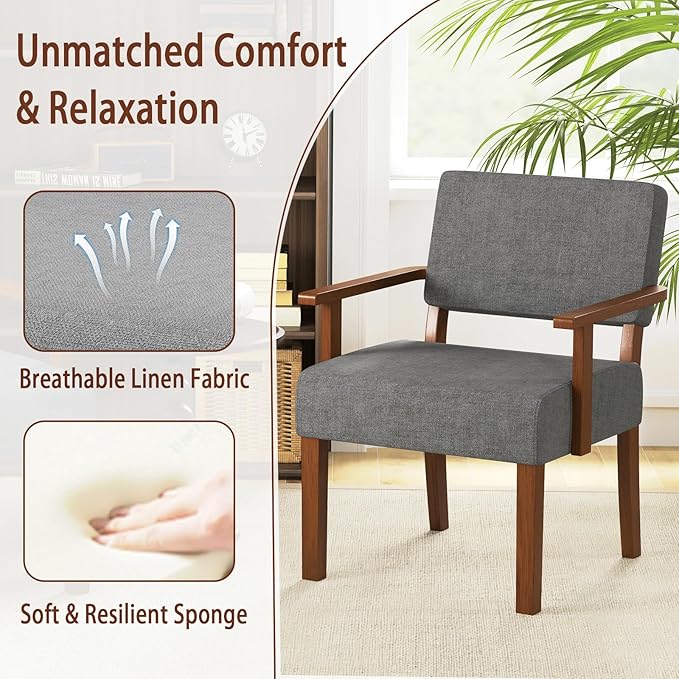 KOMFOTT Upholstered Accent Chair Mid-Century Modern Armchair with Rubber Wood Frame Linen Fabric Living Room Chair with Padded Seat &amp Backrest Comfy Reading Chair for Bedroom Waiting Room Gre