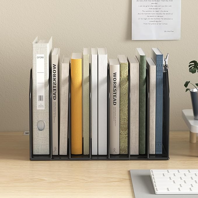 Metal 7-Section File Folder Organizer for Desk | Vertical Office File Holder | Heavy-Duty Mesh Document Sorter for Books Binders Laptops | Black Desk Organizer (12.8”x8.5”x7.9”)