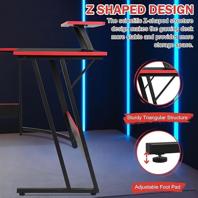 51 Inch L Shaped Gaming Desk Corner Computer Desk with Detachable Monitor Stand for Home Office Learning Gaming WorkstationBlack