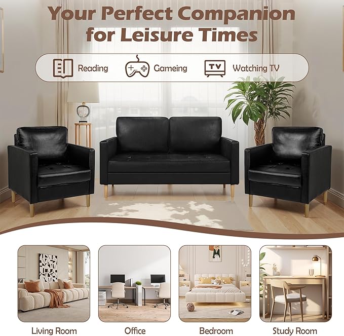 AILEEKISS Mid-Century Sectional Sofa Couch Set Faux Leather Office 3 Pcs Couch Set with Armrest Modern Upholstered Loveseat Couches for Livingroom (1-Seater+1-Seater+2-Seater Black)