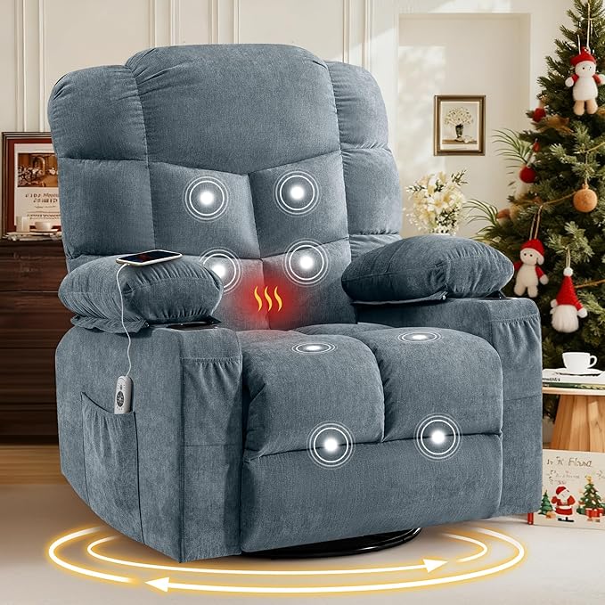 Oversized Massage Swivel Recliner Chair with Lumbar Heating for Living Room Rocker Recliner Single Sofa with Cup Holders and USB Charge Port Large Big Chair Recliners for Adult