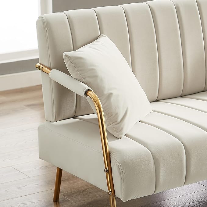 Dolonm 60 Velvet Loveseat 2 Seater Upholstered Couch with 2 Pillows Mid Century Pleated Velvet Sofa with Gold Metal Legs Perfect for Small Spaces Apartments Offices Bedrooms
