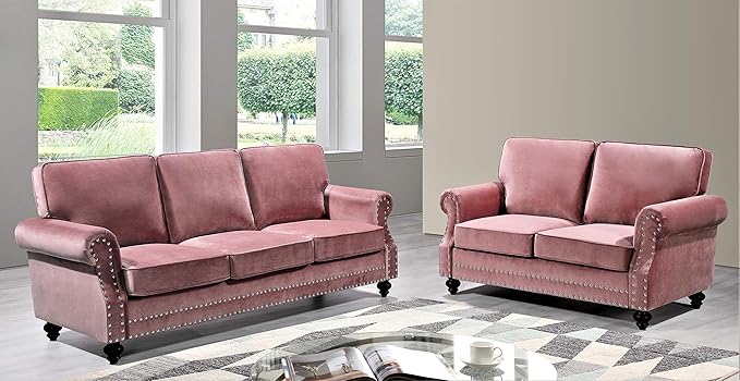 Lotus Mid Century Modern Velvet Upholstered Living Room Rolled Arms Loveseat Rose