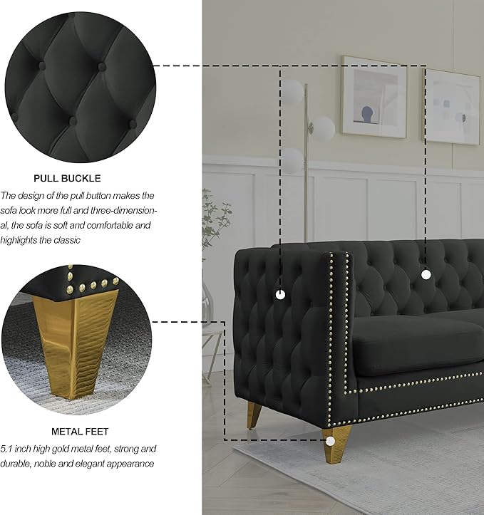 KEIKI Tufted Velvet 3+3 Seat Sofa Couch for Living Room Buttons Tufted Square Arm Couch for Home Apartment Black