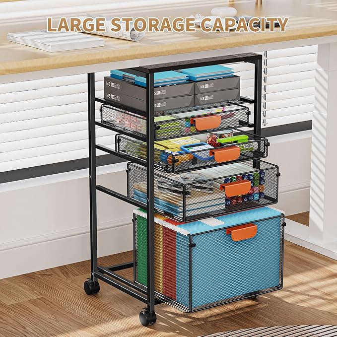 Marbrasse Rolling File Cart with 4 Storage Drawers Mobile File Cabinet on Lockable Wheels Hanging Filing Cabinet Organize Under Desk Utility Cart for Home Office - Dark Brown