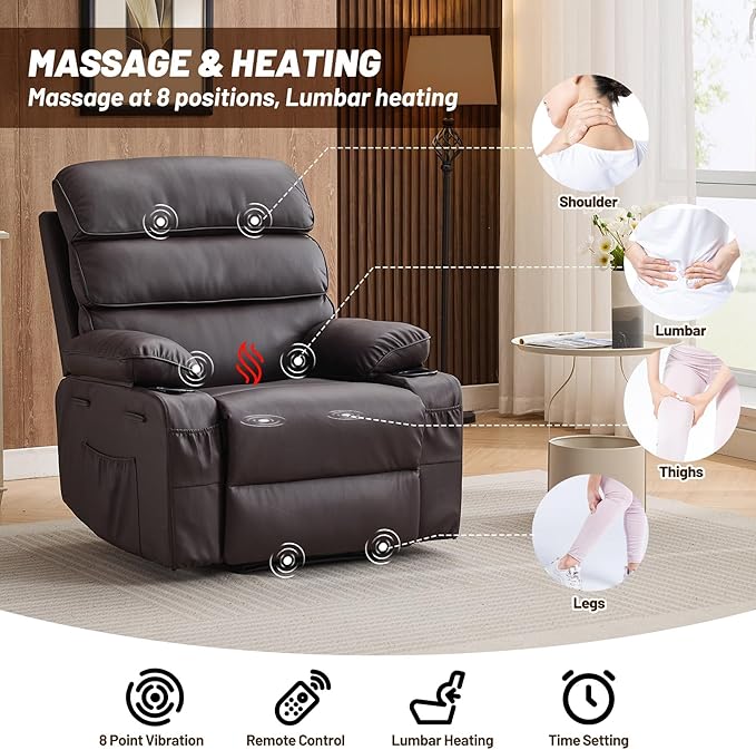 PU Leather Recliner Chair with Heat &amp 8-Point Massage Extra Wide Manual Recliner for Adults q235 Steel Frame Side Pockets 1.5X Comfort Arm &amp Back Lazy Boy Sofa for Living Room - Dark Brow