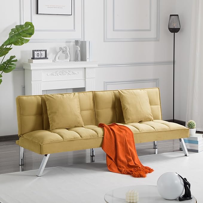 68 Modern Futon Sofa BedConvertible Sleeper Bed Couch with 4 Reclining Backrest with 2 PillowsComfy Velvet Cloud Sofa Loveseat for Living Room Bedroom Office (Olive)