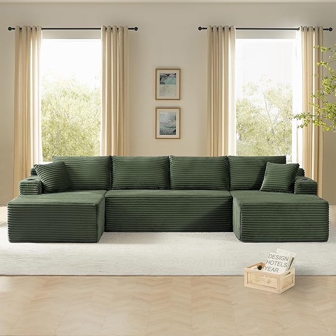 134 Cloud Couch Sectional Modular Sofa with Cup Holder and Storage Pocket Corduroy U Shaped Boneless Sofas Couch in a Box No Assembly Required Green Couches for Living Room