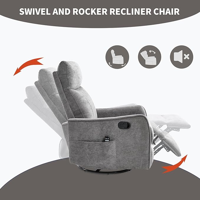 360°Rotating Heated Massage Chair with 8 Vibrating nodesComfortable Rocking Chaise Lounge with Black Metal Base Single Sofa for Living RoomBedroomOfficeDark Gray Chenille