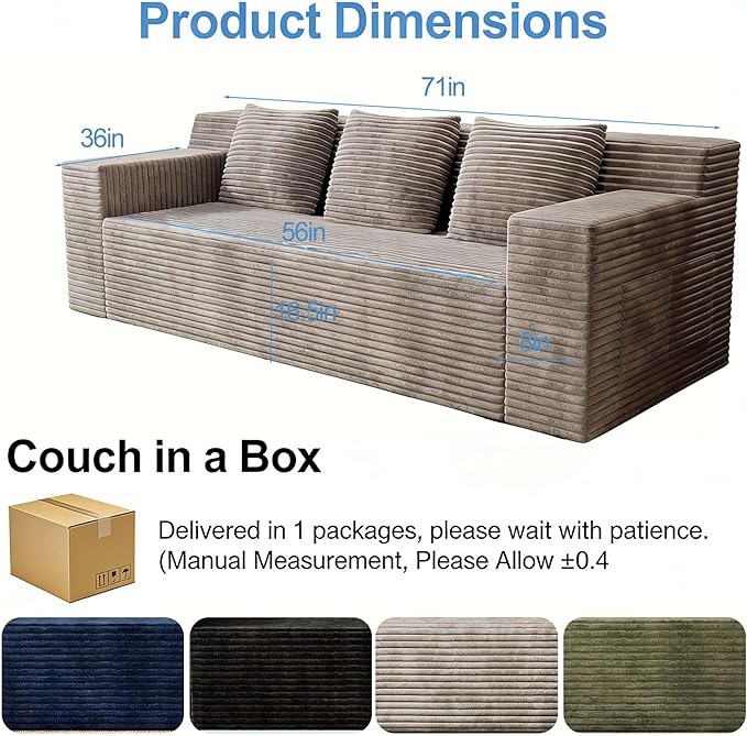 71 Boneless Couch for Living Room3 Seater Cloud Couch Corduroy Sofa in a Box with Deep Seat Frameless Memory Foam Floor Sofa with Armrests &ampThrow Pillows for ApartmentNo Assembly Required (Cam