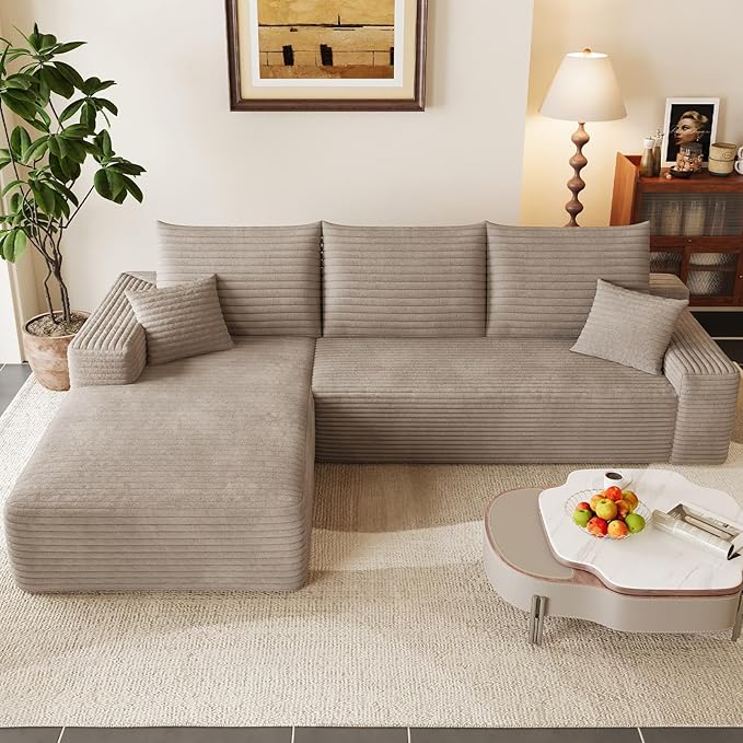95 Modular Sectional Couch Boneless L Shaped Cloud Sofa with Chaise Lounge Corduroy Upholstered Couches Memory Foam Deep Seat No Assembly Required Ideal for Living Room(Camel Left Facing)