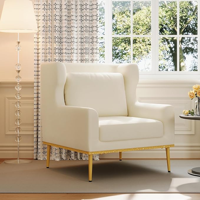 Merax Luxury Velvet Accent Chair Modern Mid-Century Armchair for Living Room Bedroom Reading Corner Comfortable Tufted Single Seater Sofa Chair with Iron Legs (Beige)