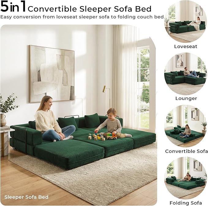 WELAX 118 Convertible Sectional Sofa 3-Seater Futon Modular Sleeper Sofas Bed with 3 Pillows Corduroy Boneless Cloud Couches for Living Room No Assembly Floor Couch for Bedroom Green