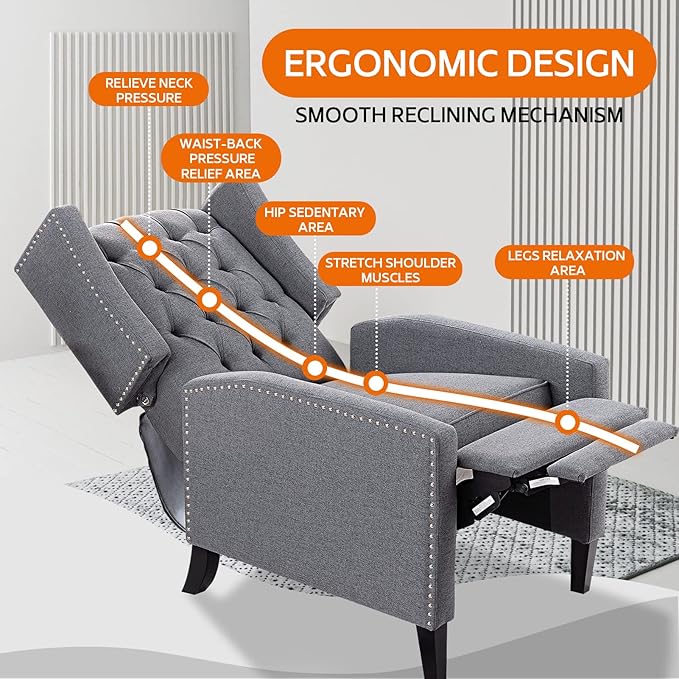 Gray Recliner Chair for Adults Accent Wingback Chairs Living Room Chair Mid-Century Modern Fabric Recliner Button Tufted Club Chair Upholstered Reclining Reading Arm Chair 27