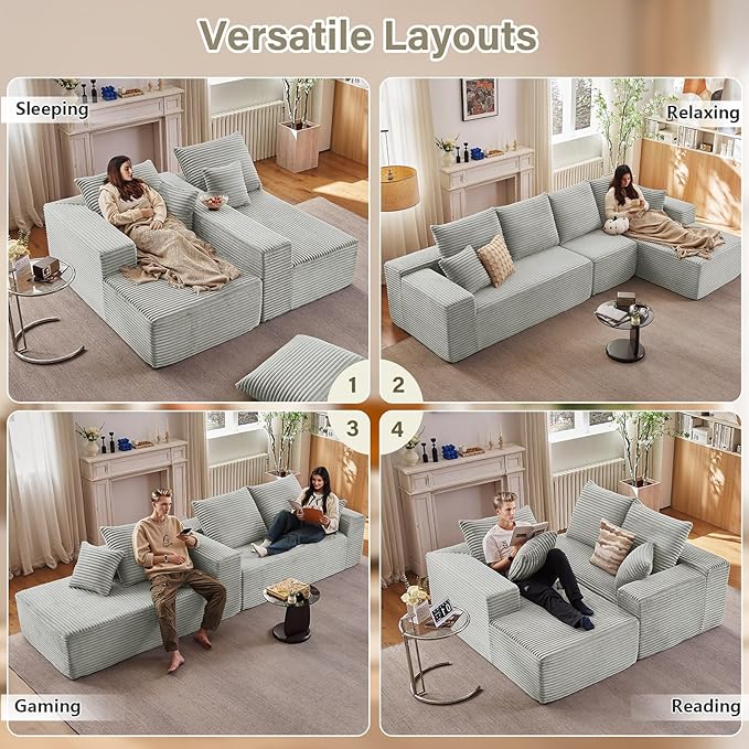 135 Cloud Sectional Couch with L-Shape Chaise Modern Modular Comfy Sofa Chaise Longue Upholstered Corduroy Couches Sleeper with Deep Seat for Living Room Bedroom No Assembly Required Grey