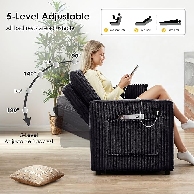 65in Sleeper Sofa Bed Convertible Pull Out Couch with Small Table| USB Port | Cup Holder | Corduroy Fabric | Adjustable Backrest for Apartment Office Bedroom Guest Room (Black)