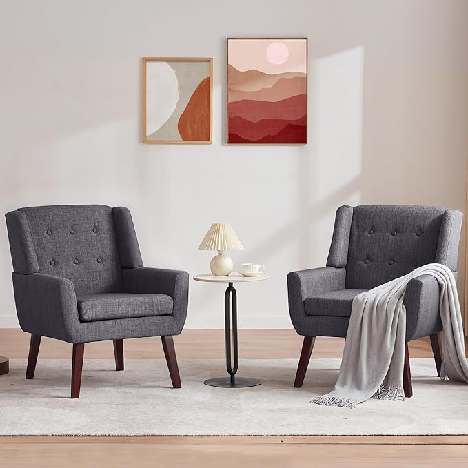 HUIMO Accent Chair Arm Chair Set of 2 Button Tufted Upholstered Reading Chair Linen Fabric Mid Century Modern Chairs for Bedroom Living Room Chair Comfy Sofa Chair(2 Grey)
