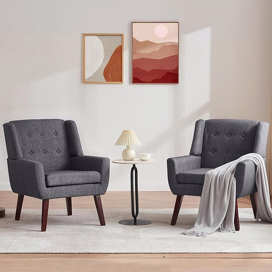 HUIMO Accent Chair Arm Chair Set of 2 Button Tufted Upholstered Reading Chair Linen Fabric Mid Century Modern Chairs for Bedroom Living Room Chair Comfy Sofa Chair(2 Grey)