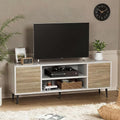 YESHOMY Modern TV Stand for 65 Television Entertainment Center with Two Storage Cabinets and Open Shelves Retro Style Media Console for Living Room Bedroom Office 58 Inch White and Beige