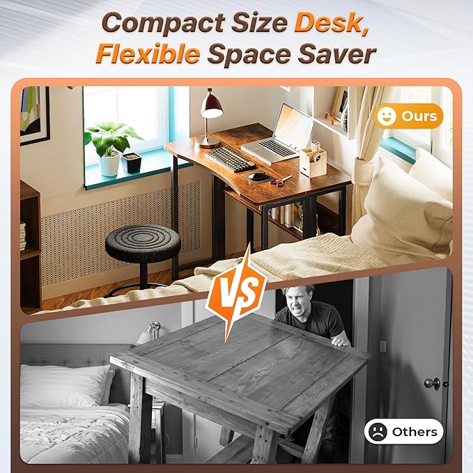 Huuger Folding Desk with Storage Shelf 31.5 Inch Foldable Computer Table for Small Spaces Space Saving Sofa Table for Couch Writing Work Office Computer Desk Easy to Fold Rustic Brown