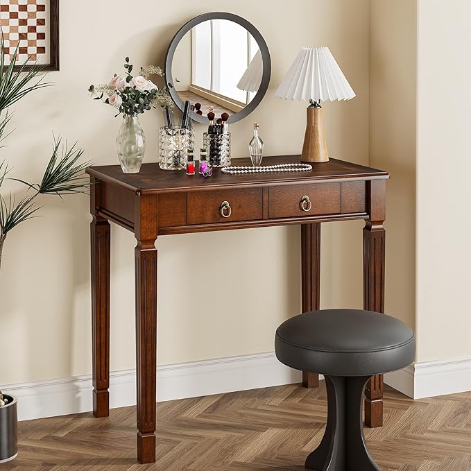 Small Computer Writing Desk with 2 Storage Drawers 31.5W Vanity Dressing Desk French Provincial Corner Desk Table with Carved Legs Solid Wood Accent Table Easy Assembly Dark Cherry SSZ-D1258