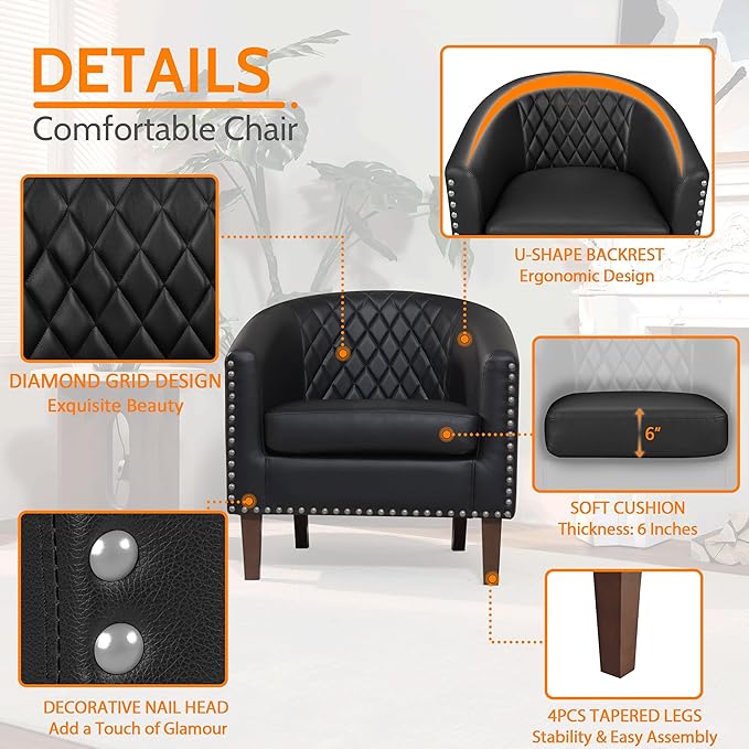 PrimeZone Barrel Chair Set of 2 Comfy Accent Chair Faux Leather Living Room Chairs Club Chair with Cushion Nailhead Trim and Diamond Grid Backrest Reading Chair for Bedroom Waiting Room Black